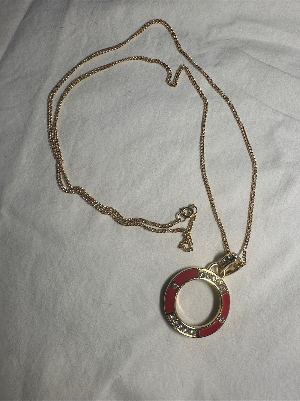 Gold Chain Necklace with Red Enamel Circle Pendant and Faux Diamond Accents